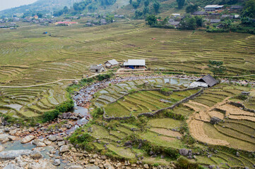 Landscape of Sa Pa, Vietnam, with a streaming river.