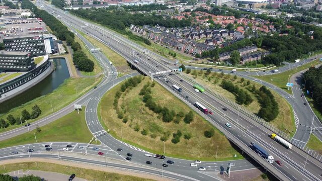 Traffic at a highway junction at Zwolle where the A28 highway runs through the city in Overijssel, The Netherlands.