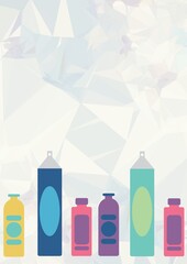 Fototapeta premium Multiple cleaning detergent bottle icons against 3d geometrical shapes on white background