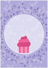 Cupcake icon on round banner against abstract shapes on purple background