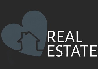 Digitally generated image of real estate text with house in a heart icon against black background