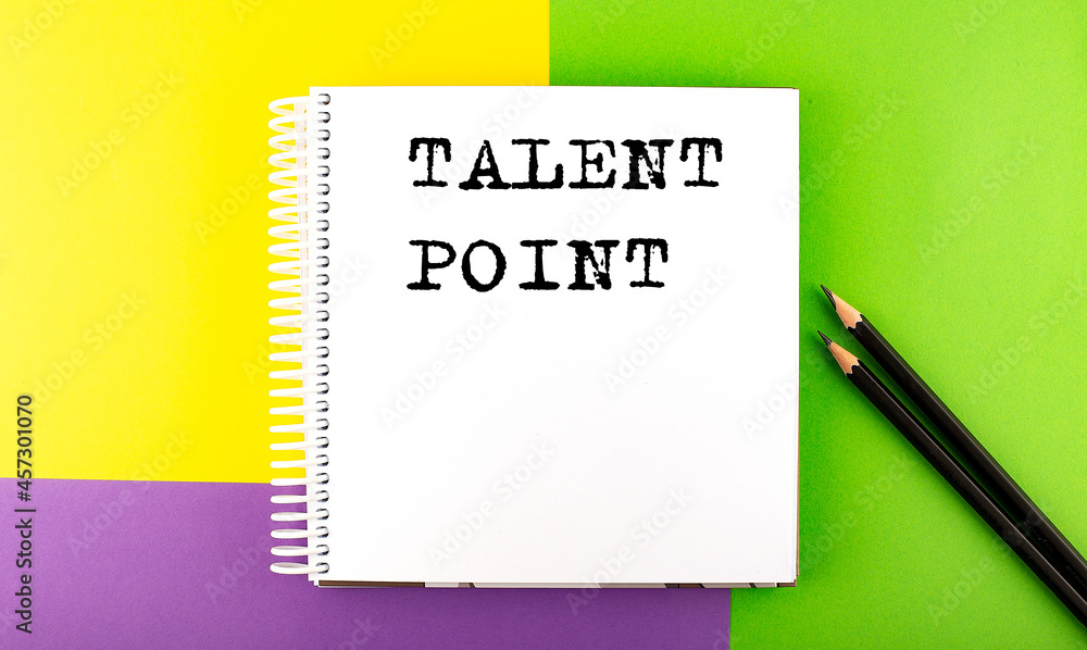 Poster minimal work space : sketchbook on the colorful background with talent point text