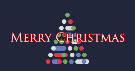 Digital composite image of Merry Christmas text and neon pyramid against blue background