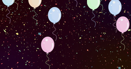 Image of multiple colourful balloons flying over colourful confetti falling