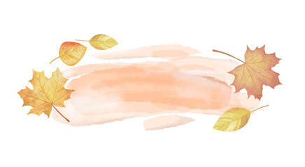 Autumn watercolor blot, banner spot, stain, abstract frame with yellow, red, orange maple leaves. Illustration. splash screen