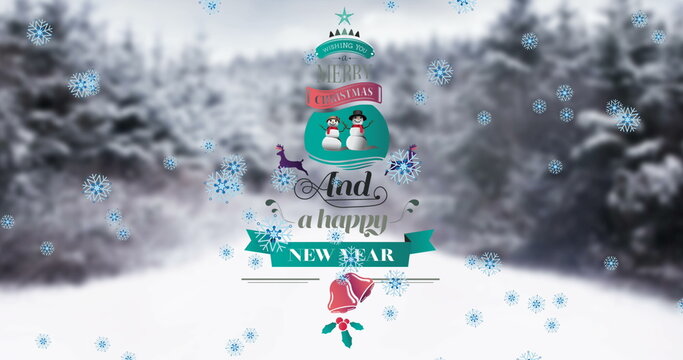 Snowflakes falling and Merry Christmas and Happy New Year text against winter landscape
