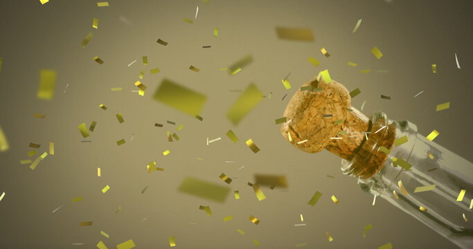 Image Of Gold Confetti Falling Over Champagne Being Opened