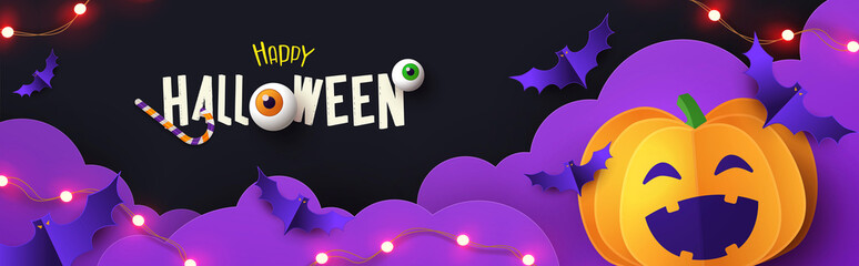 Naklejka premium Halloween Promotion banner with cutest pumpkin and bats in night clouds on violet black background. Paper cut style. Halloween website Sale banner or header, horizontal poster template