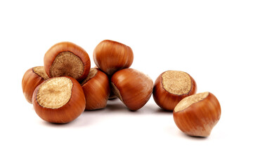 Group of hazelnuts, isolated on white background
