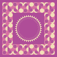 Vector ornament, pattern of lunar cycles: eclipse, full moon, waning moon, new moon with dotted diagonals. Pink, lilac, violet, yellow. For textiles, wrapping paper, tissue.