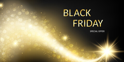 Black Friday concept with gold and white label. Flying golden glow star on dark background, with sparkle effect. Marketing luxury design for flyer, cards, promotion, advert. Vector illustration.