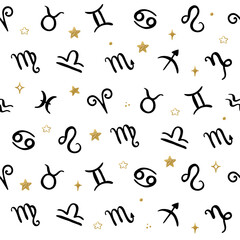 Horoscope symbols seamless pattern with hand drawn Zodiac Signs