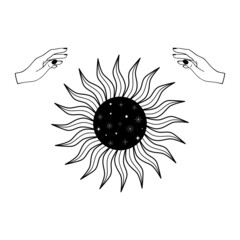 Hand drawn mystical Sun with woman hands in line art. Spiritual symbol celestial space. Magic talisman, antique style, boho, tattoo, logo vector illustration