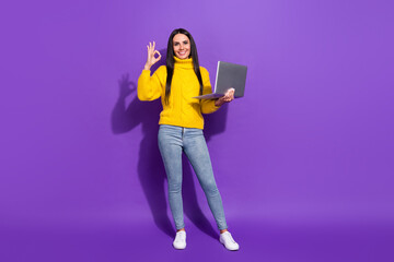 Full body photo of pretty positive lady hold laptop fingers show okey symbol isolated on violet color background