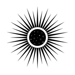Hand drawn mystical Sun with stars in line art. Spiritual symbol celestial space. Magic talisman, antique style, boho, tattoo, logo vector illustration.