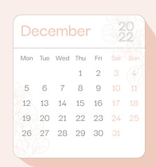 December 2022 calendar month planner with floral pattern, week starts on Monday, template, mock up calendar leaf illustration. Vector graphic page