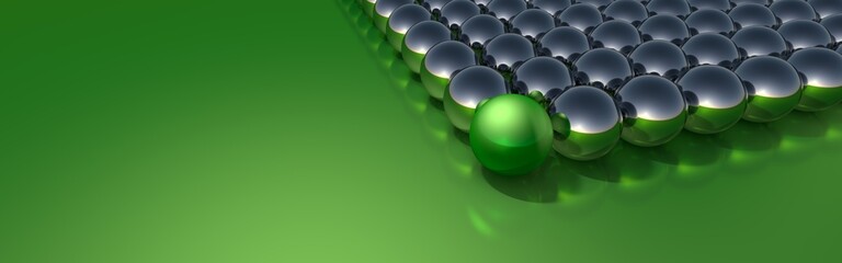 Teamwork visualization. Sorted chrome balls with green leadership ball on green ground. 3D rendering - obrazy, fototapety, plakaty