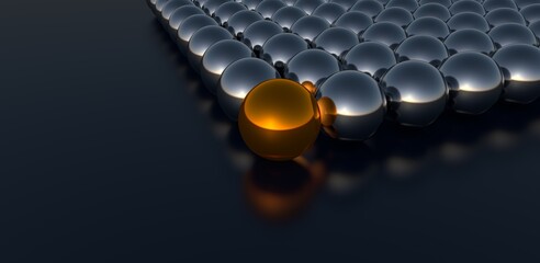 Teamwork visualization. Sorted chrome balls with orange leadership ball on reflected ground. 3D rendering