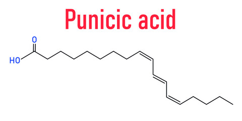 Punicic acid (trichosanic acid) molecule. Fatty acid present in pomegranate (Punica granatum). Skeletal formula.