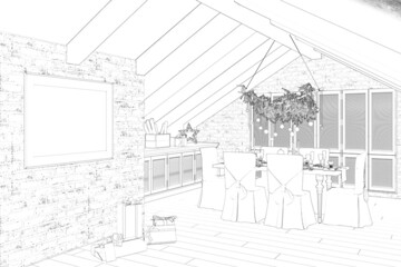 Sketch of the holiday attic with a horizontal poster on a brick wall, wrapped gifts, a spruce branch decorated with Christmas balls over a served table, chairs in covers with bows. 3d render