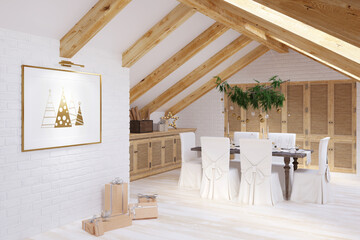 Large bright Christmas attic with a horizontal poster on a white brick wall, wrapped gifts, a spruce branch decorated with Christmas balls over a served table, chairs in covers with bows. 3d render