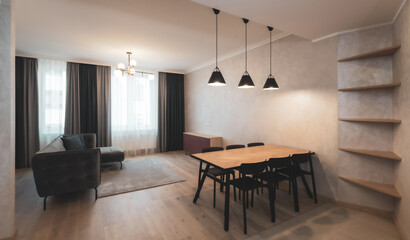 Naklejka na ściany i meble Modern interior of light living room in studio apartment with furniture.