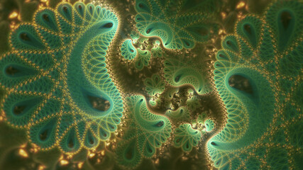 Abstract fractal art background of infinitely repeating shapes in gold and green, suggestive of jewellery or ornaments.