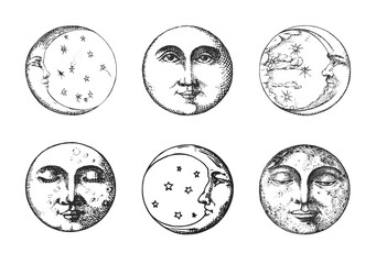 Set of Moon, Crescent, drawings in engraving style
