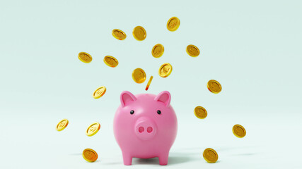 Piggy pink  bank and Golden coins on white background.3D rendering