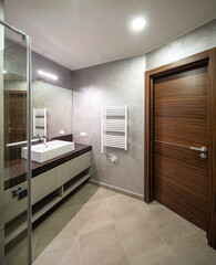 Modern interior of bathroom. Wooden door. White sink.