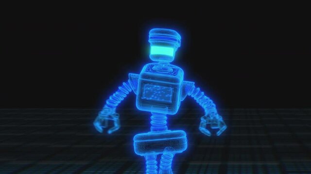 Seamless animation of a neon walking robot . Funny futuristic sci-fi background.