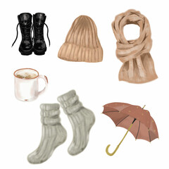 Autumn set of warm items digital picture. Perfect for printing, web, textile design, scrapbooking, various souvenirs.