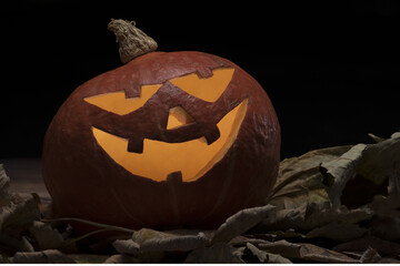 illuminated halloween pumpkin jack o lantern on leafs