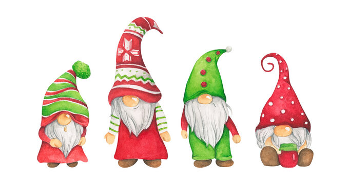 Watercolor illustration of cute christmas gnomes. Isolated on the white background.