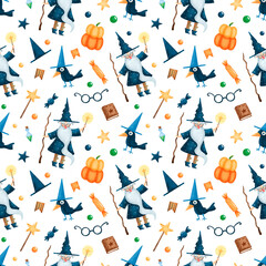Obraz premium Cute cartoon halloween wizard seamless pattern