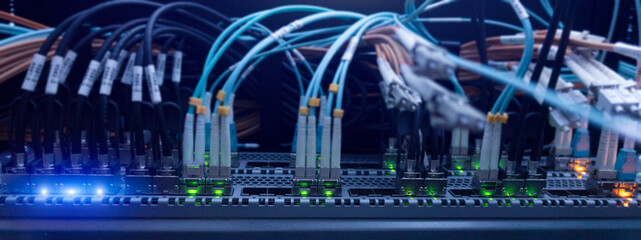 Fiber Optic Server Rack. Telecommunication Technology.  Header Banner. 