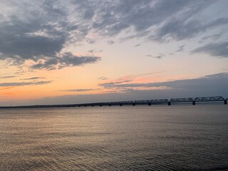 dawn over the Volga river, water and cloudy sky