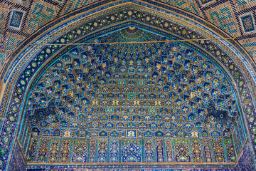 Details of the vaulted portal or iwan, an example of Islamic architecture. Madrasah Ulugh Beg in Samarkand, Uzbekistan, 15th century