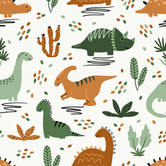 Kids seamless pattern with cute dinosaur vector clipart in scandinavian style. Digital paper, seamless background texture for textile, fabric, wallpaper