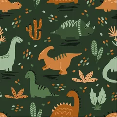 Glasbilder Sammlungen Kinder nahtlose Muster mit niedlichen Dinosaurier-Vektor-Cliparts im skandinavischen Stil. Digitales Papier, nahtlose Hintergrundtextur für Textilien, Stoffe, Tapeten