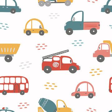 Cars Kids seamless pattern with cute vector clipart in scandinavian style. Digital paper, seamless background texture for textile, fabric, wallpaper