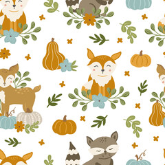 Fall Autumn kids seamless pattern with hand drawn vector animal clipart in scandinavian style. Digital paper, seamless background texture for textile, fabric, wallpaper