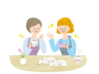 2人でスマホを見る笑顔の女性