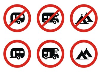 No camping, road sign, set of vector icons