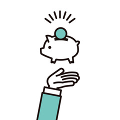 手のひらを上に向けたシンプルな案内する手のイラスト素材。ブタの貯金箱、貯金や稼ぐためのアイコン。