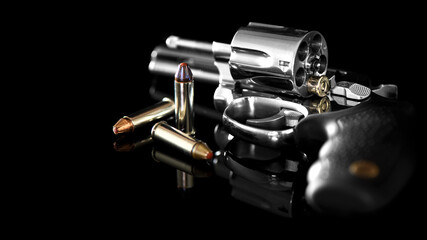Chrome revolver with tilted drum and ammunition on black mirror background.