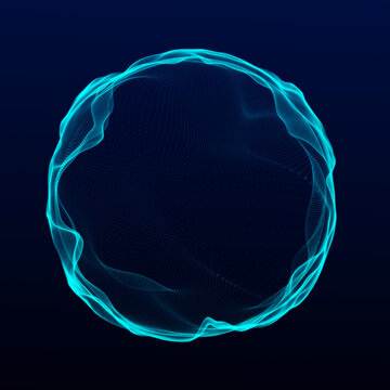 Spherical equalizer for music. Round sound wave of particles. Musical abstract blue background. 3D rendering.