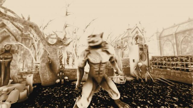 Seamless animation of a werewolf dancing  thriller in a party in a graveyard. Funny cartoon character for Halloween background  with vintage watercolor effect.