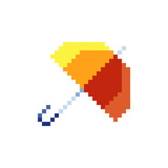 Yellow umbrella icon pixel art style sticker logo mobile app design 8-bit sprites. Isolated vector illustration.