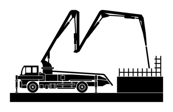 Concrete pump truck at work - flat icon